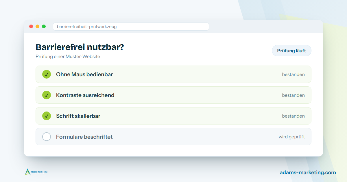 Prüfliste Barrierefreiheit einer Website: ohne Maus bedienbar, Kontraste, Schriftgröße mit grünen Haken (Muster-Darstellung).