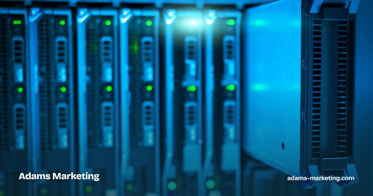 Blau beleuchtete Server im Rack mit grünen Status-LEDs, Illustration zur externen IT-Betreuung.