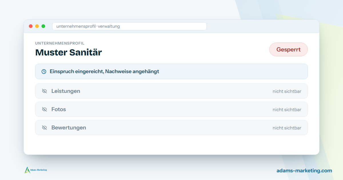 Verwaltungsansicht eines Unternehmensprofils mit Status Gesperrt und eingereichtem Einspruch (Muster-Darstellung).