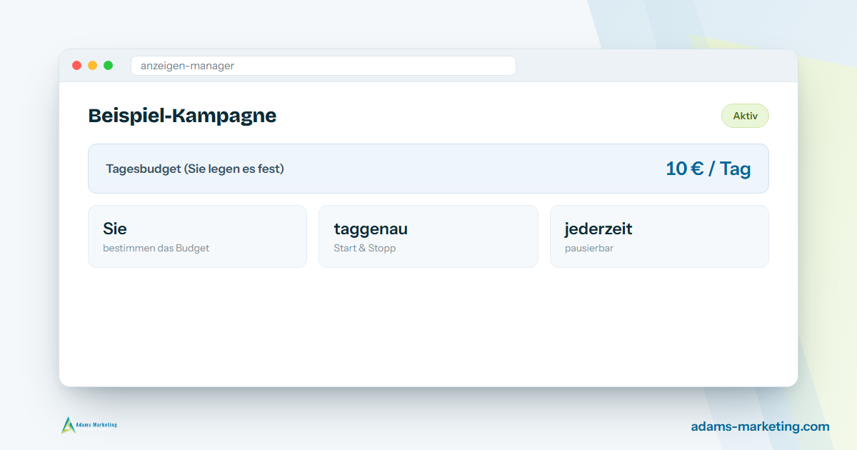 Anzeigen-Manager mit frei wählbarem Tagesbudget, Beispielansicht zum Thema Werbekosten.