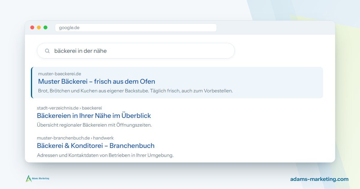 Google-Suchergebnisse für eine lokale Bäckerei, der oberste Treffer ist hervorgehoben.