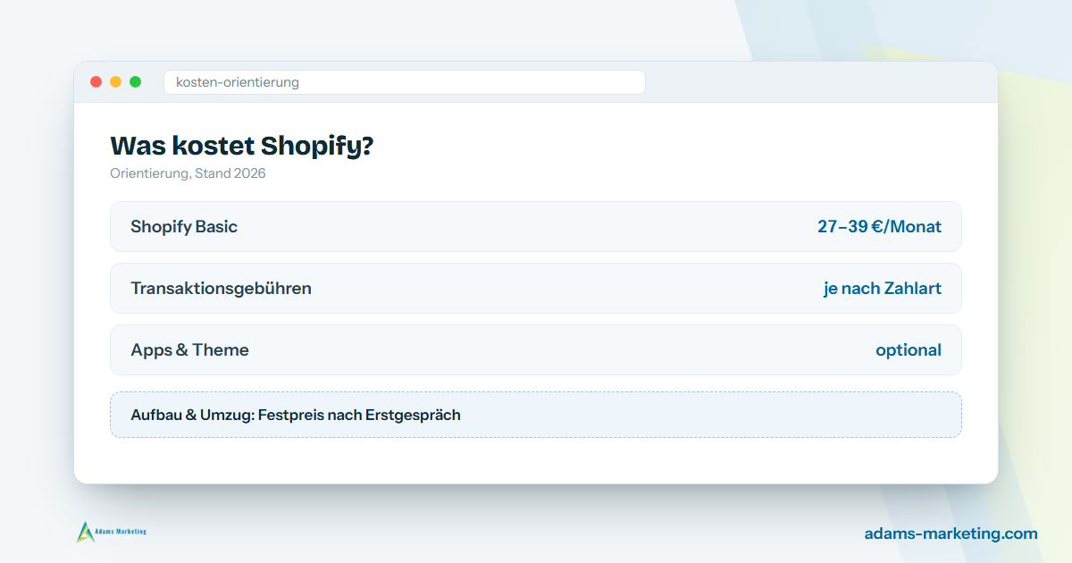 Kostenübersicht Shopify: monatliche Grundgebühr und laufende Posten im Überblick.