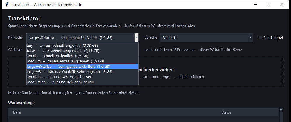 Die aufgeklappte Modell-Auswahl des Transkriptors mit den verfügbaren Whisper-Modellen und ihrer Größe.