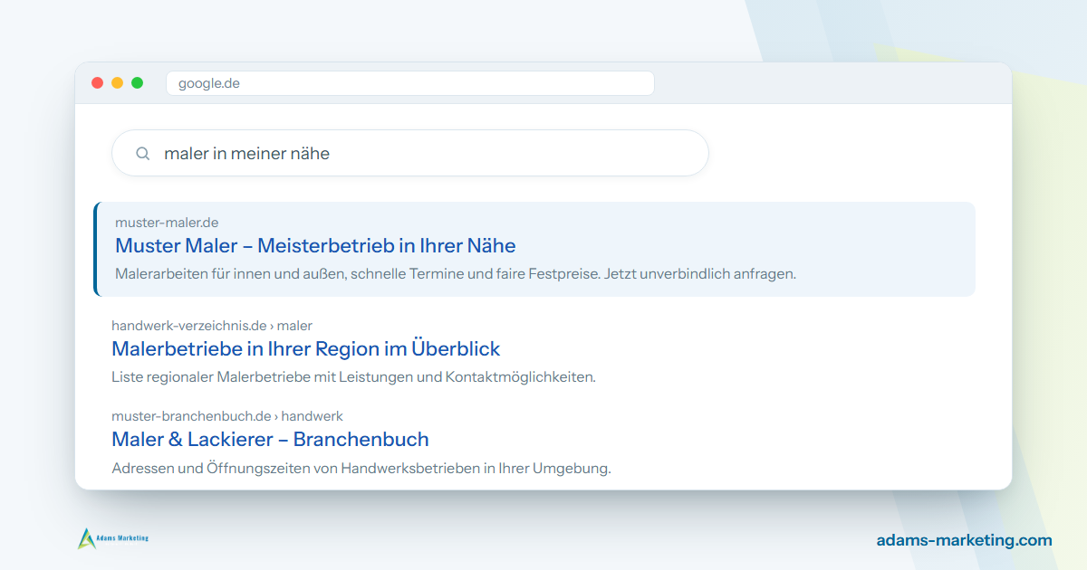 Mockup einer Google-Suchergebnisseite mit hervorgehobenem oberstem Treffer. So sieht es aus, wenn ein Betrieb bei Google gefunden wird.