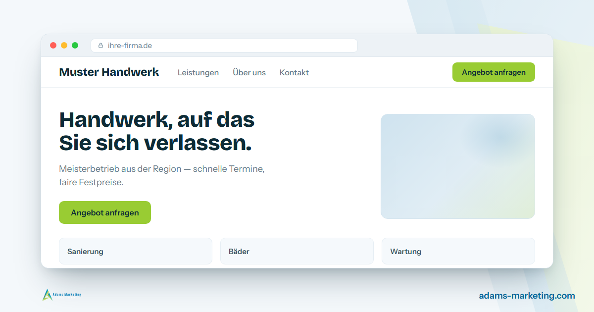 Mockup einer modernen, klar aufgebauten Firmenwebsite im Browserfenster. Ein Beispiel für die Art von Website, die Adams Marketing baut.